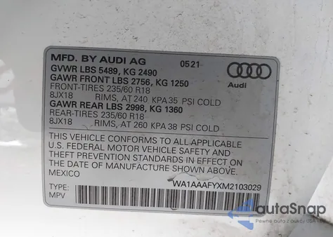 2021 Audi Q5 Premium z USA, uszkodzony, nr VIN WA1AAAFYXM2103029